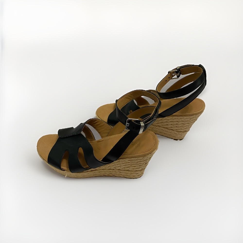 UGG Careena Black Leather Wedge Espadrille Sandals - Size 8.5 - Picture 4 of 8